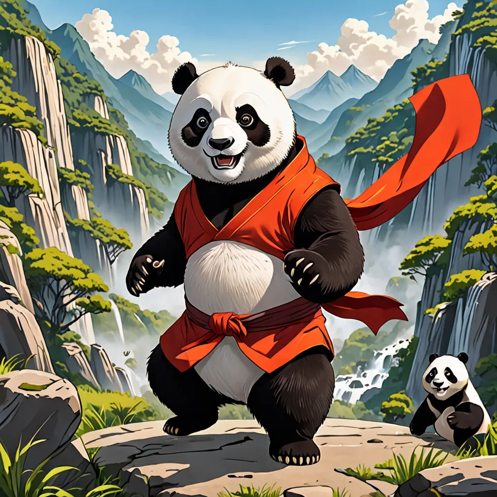 a panda bear in a red robe is standing on a rock and holding a red scarf in front of a mountain landscape, fantasy art, a character portrait, Art of Brom, magic the gathering artwork