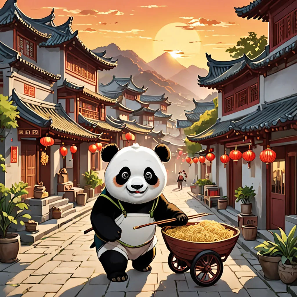 a panda bear is holding a wheelbarrow and a bowl of food in a chinese courtyard with lanterns, fantasy art, a storybook illustration, Dan Mumford, official art