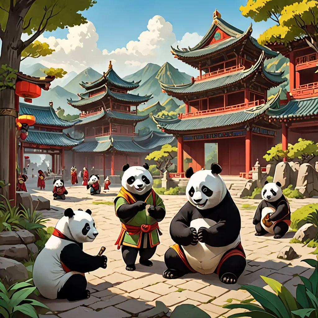 a group of pandas sitting on the ground in front of a building with a pagoda in the background, fantasy art, concept art, Andreas Rocha, game art