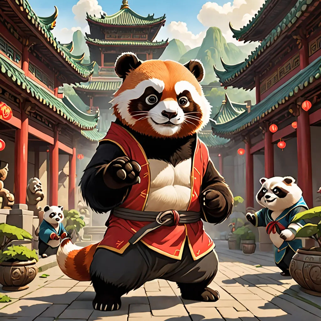 a panda bear is standing in front of a building with a panda in it's arms and another panda in the background, fantasy art, concept art, Chen Hong, 2 d game art