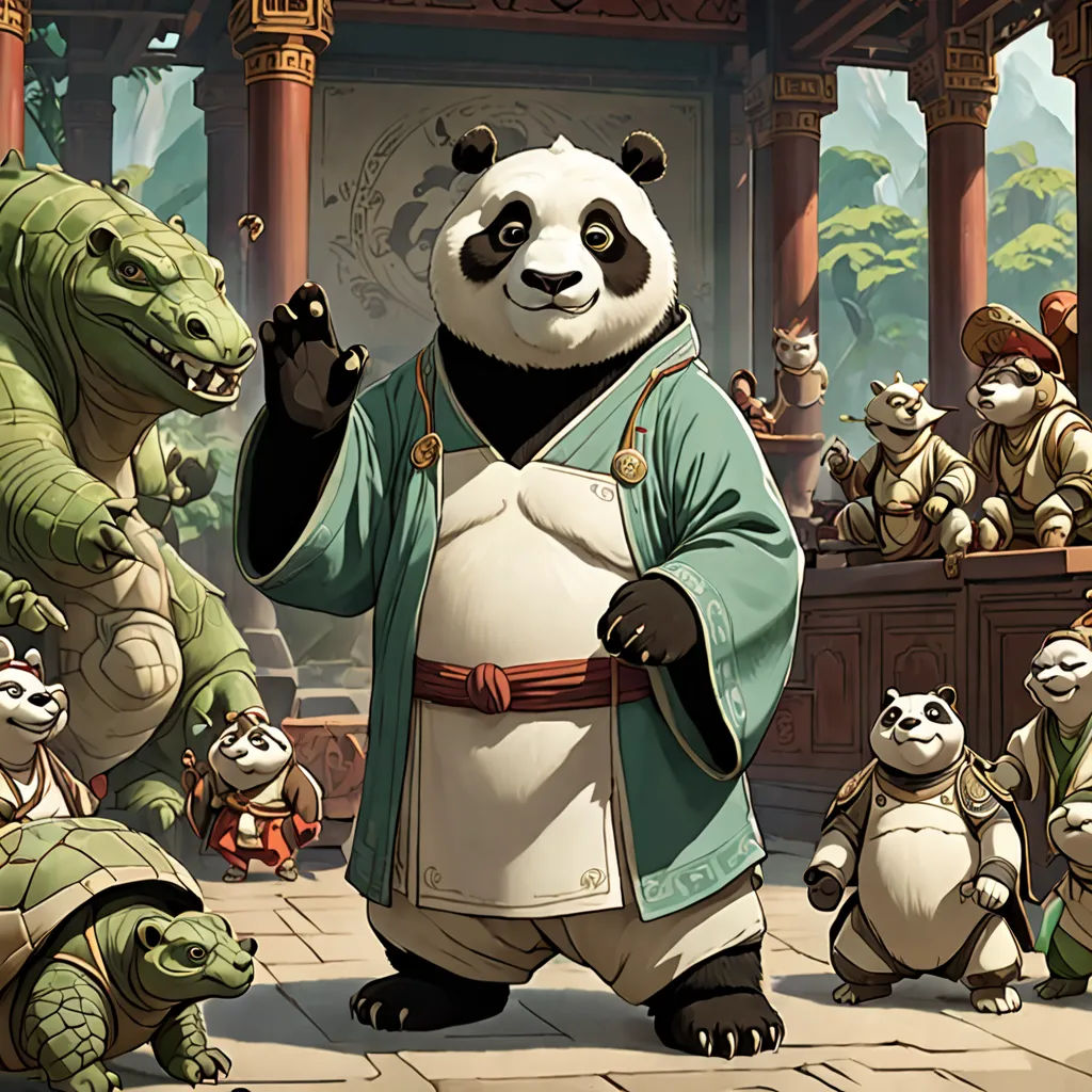 a panda standing in front of a group of pandas and other animals in a chinese temple with a giant panda, fantasy art, concept art, Art of Brom, official art