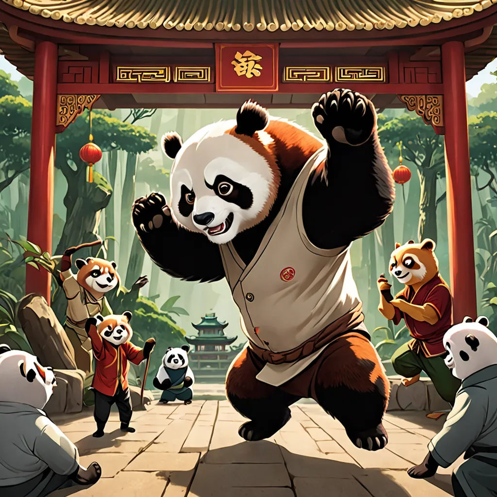a panda bear is dancing in front of a group of pandas in a chinese temple with a pagoda, furry art, a comic book panel, Fan Qi, official art