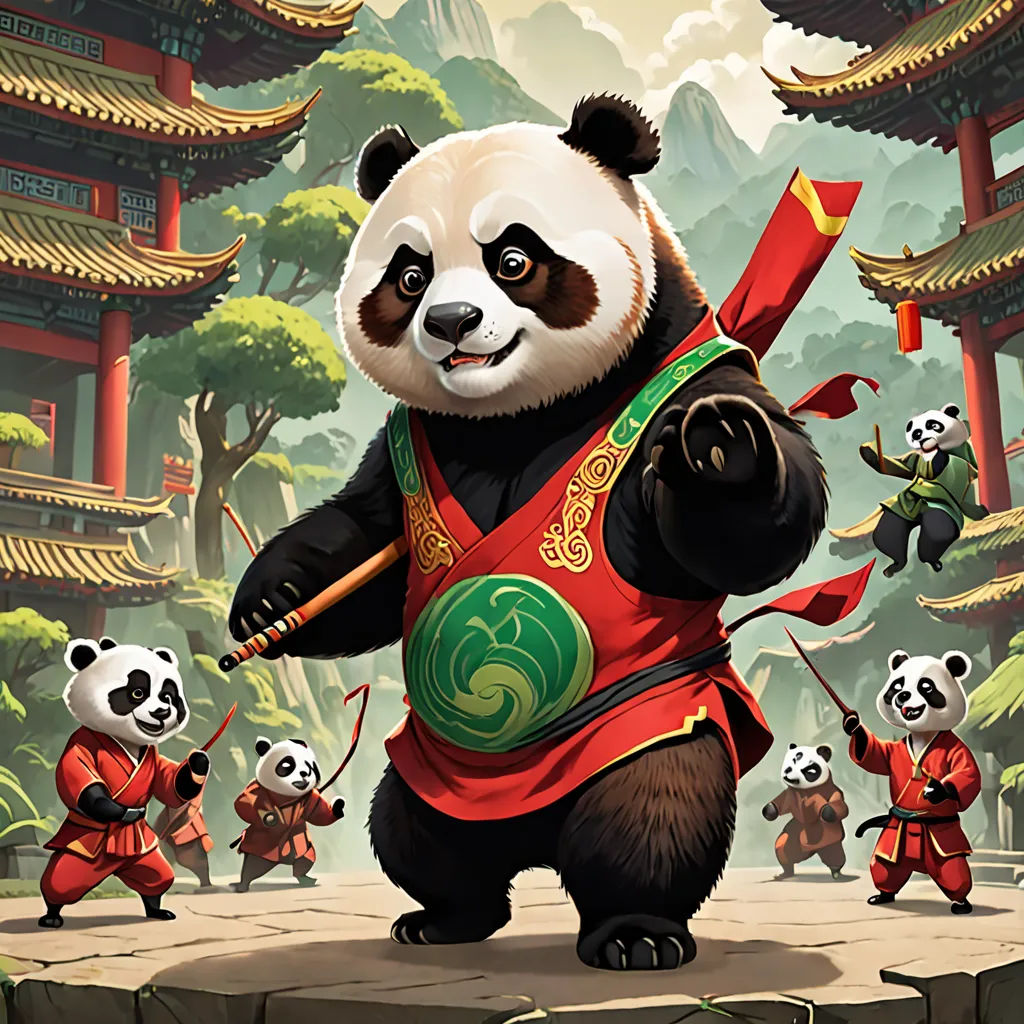 a panda bear with a red and green outfit and a group of pandas in front of him and a pagoda, fantasy art, concept art, Fan Qi, splash art