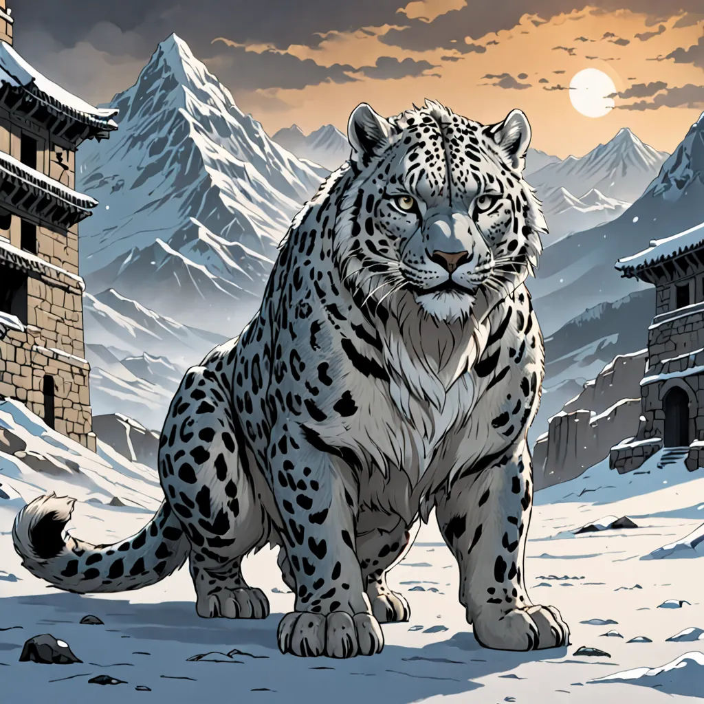 a snow leopard standing in front of a mountain range with a castle in the background and a full moon, furry art, a comic book panel, Dan Mumford, official art
