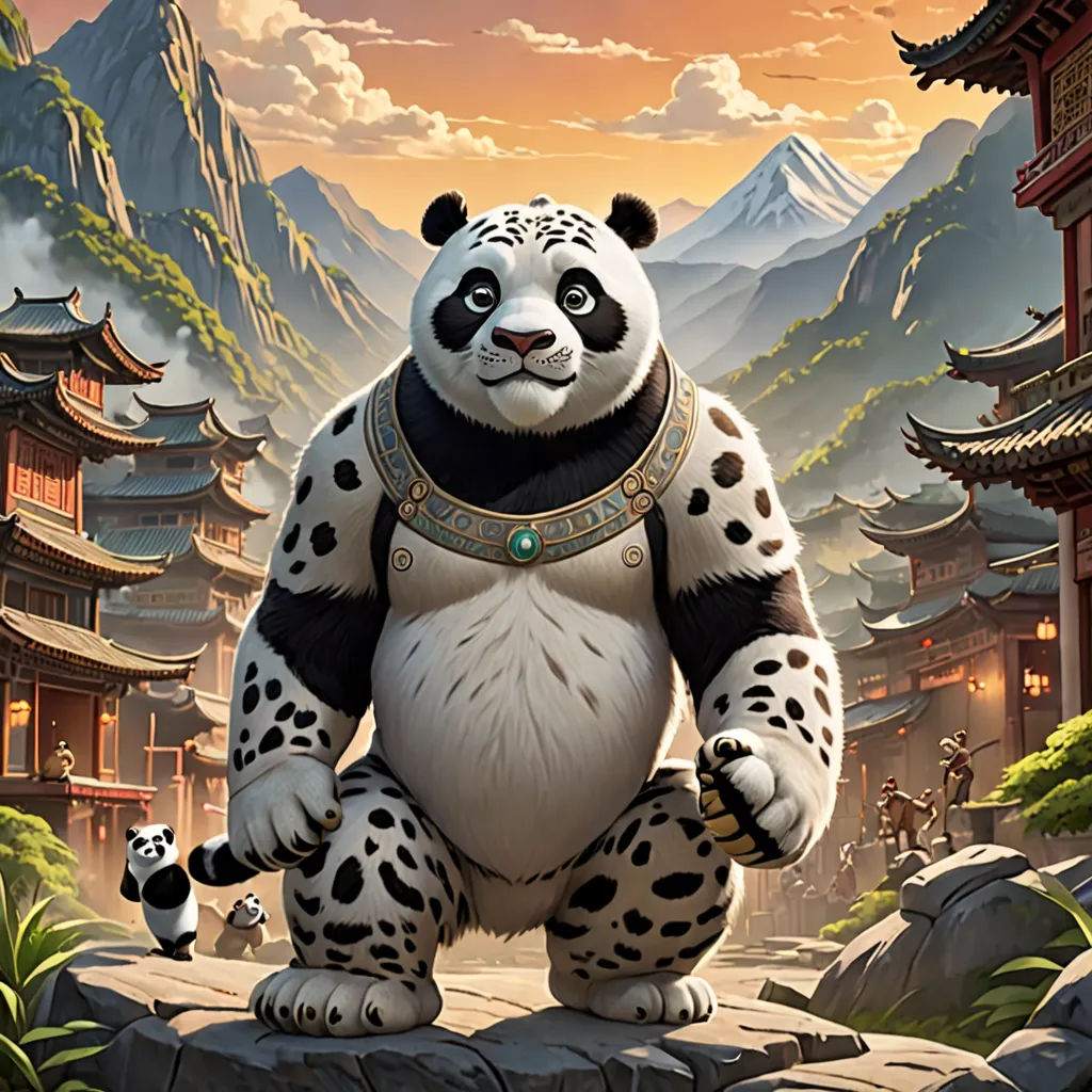 a panda bear is standing on a rock in front of a mountain and pagodas with a panda bear, furry art, a character portrait, Chen Hong, league of legends splash art