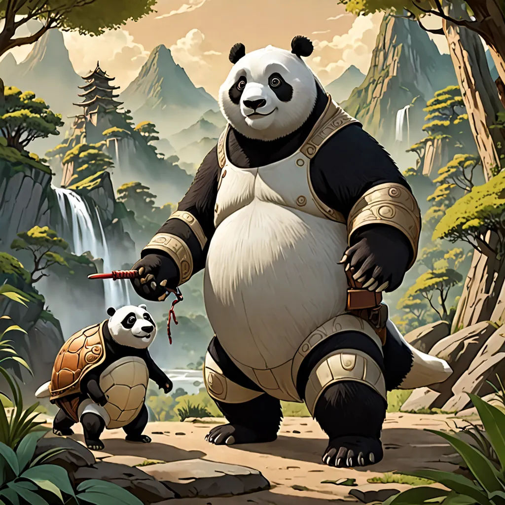 a panda bear and a turtle are in the forest together, with a waterfall in the background and a waterfall in the background, fantasy art, concept art, Art of Brom, official art
