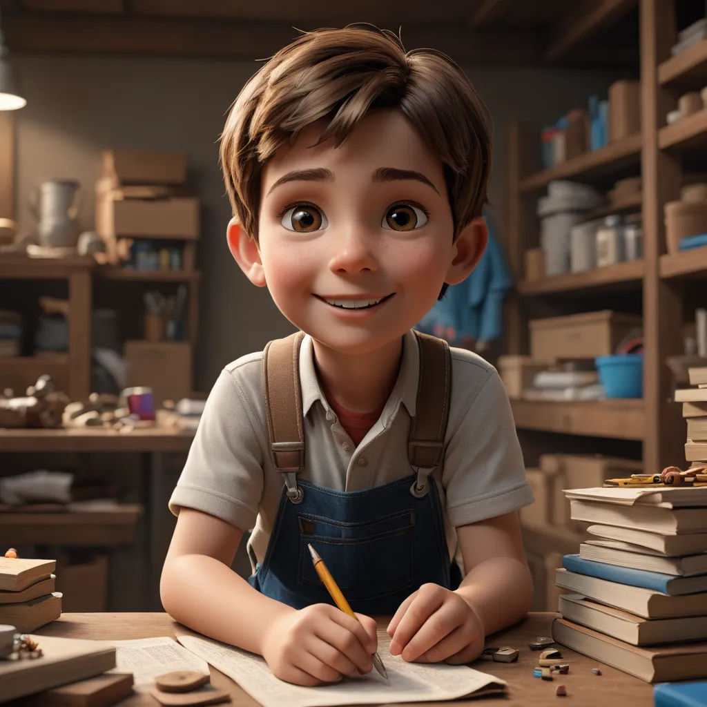 a boy is smiling while sitting at a desk with books and a pencil in his hand and a bookcase in the background, photorealism, a character portrait, Cliff Childs, cgstudio