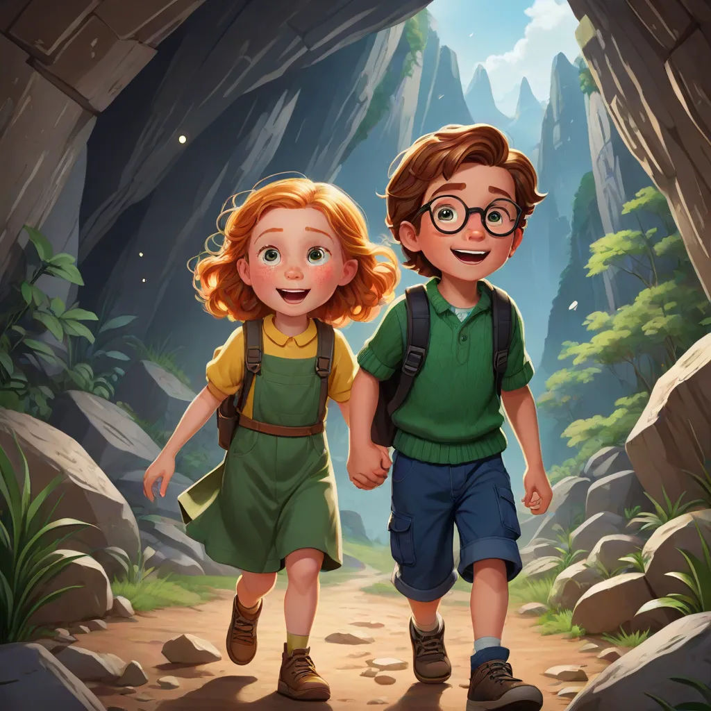 a boy and a girl are walking through a cave together holding hands and smiling at the camera, with a mountain in the background, serial art, a storybook illustration, Diego Gisbert Llorens, official art