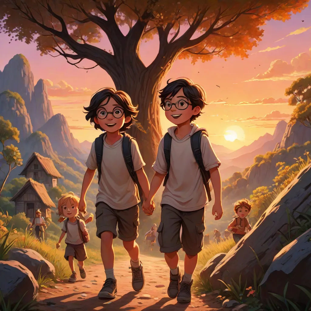 two children walking down a path with a tree in the background and a sunset in the background behind them, fantasy art, a storybook illustration, Brothers Hildebrandt, cushart krenz