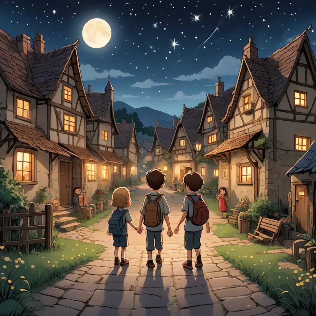two children walking down a street at night with a full moon in the sky above them and a village with a few houses, fantasy art, a storybook illustration, Diego Gisbert Llorens, storybook illustration