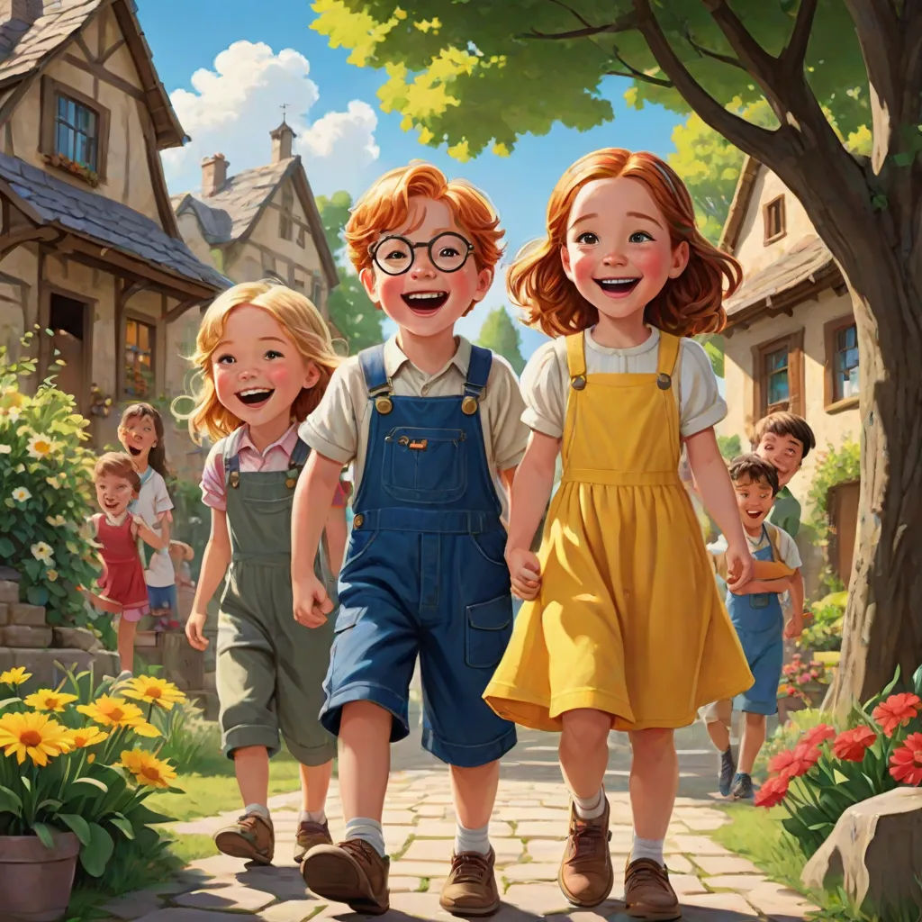 a painting of three children walking down a street with a house in the background and a bunch of flowers, american scene painting, a storybook illustration, Brothers Hildebrandt, official art