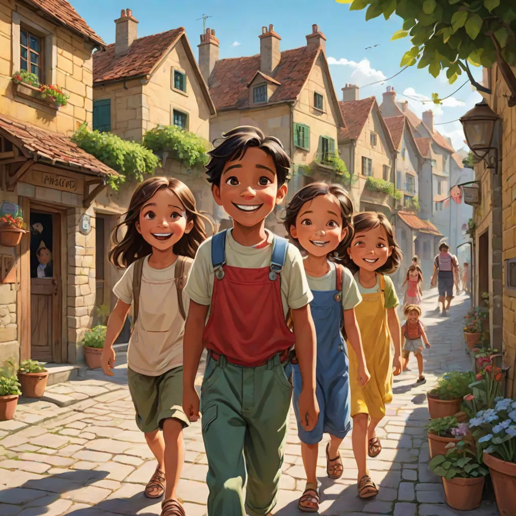 a group of children walking down a street next to a building with a clock on it's side, american scene painting, a storybook illustration, Brothers Hildebrandt, official art