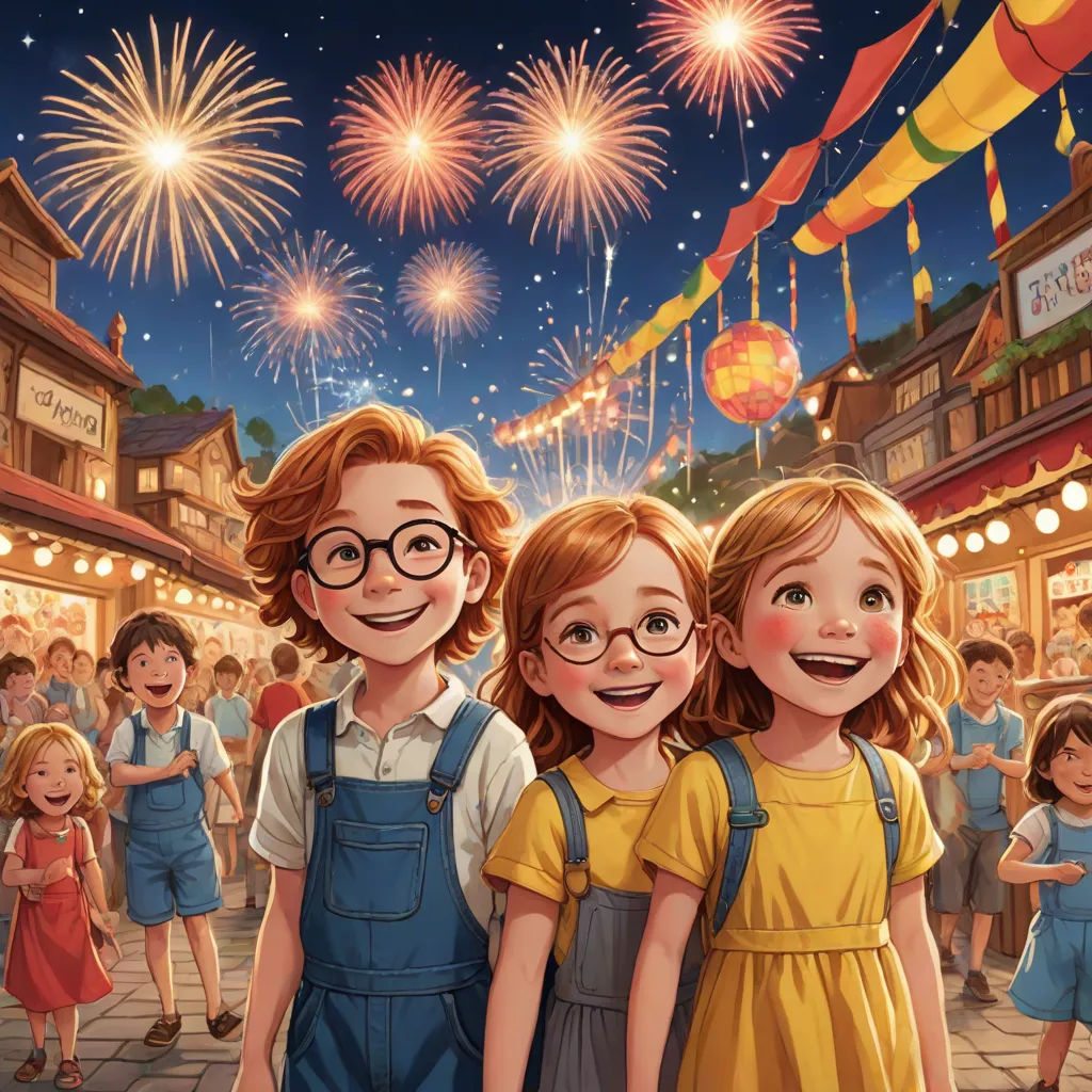 a couple of kids standing next to each other in front of a crowd of people with fireworks in the sky, magical realism, a storybook illustration, disney, official art
