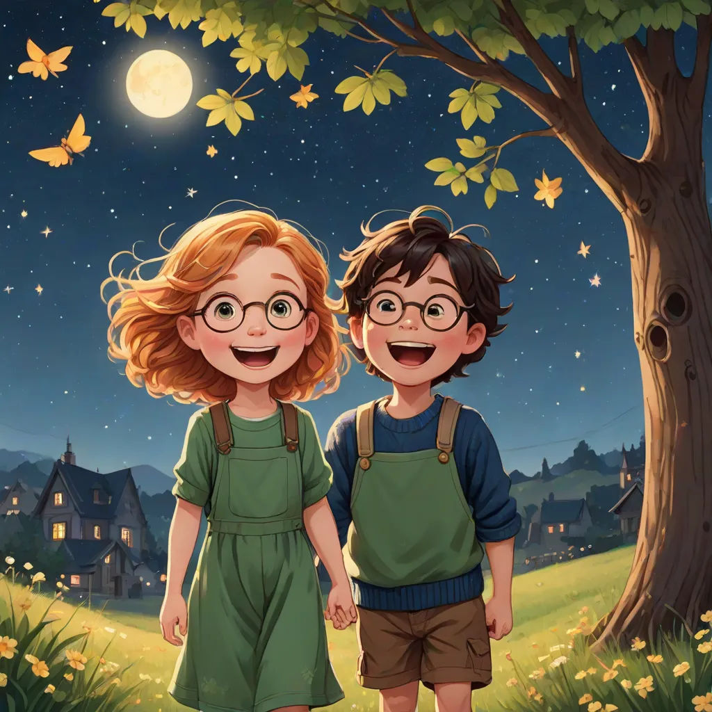 a couple of kids standing next to a tree under a moon filled sky with butterflies flying overhead and a full moon in the sky, fantasy art, a storybook illustration, Diego Gisbert Llorens, storybook illustration