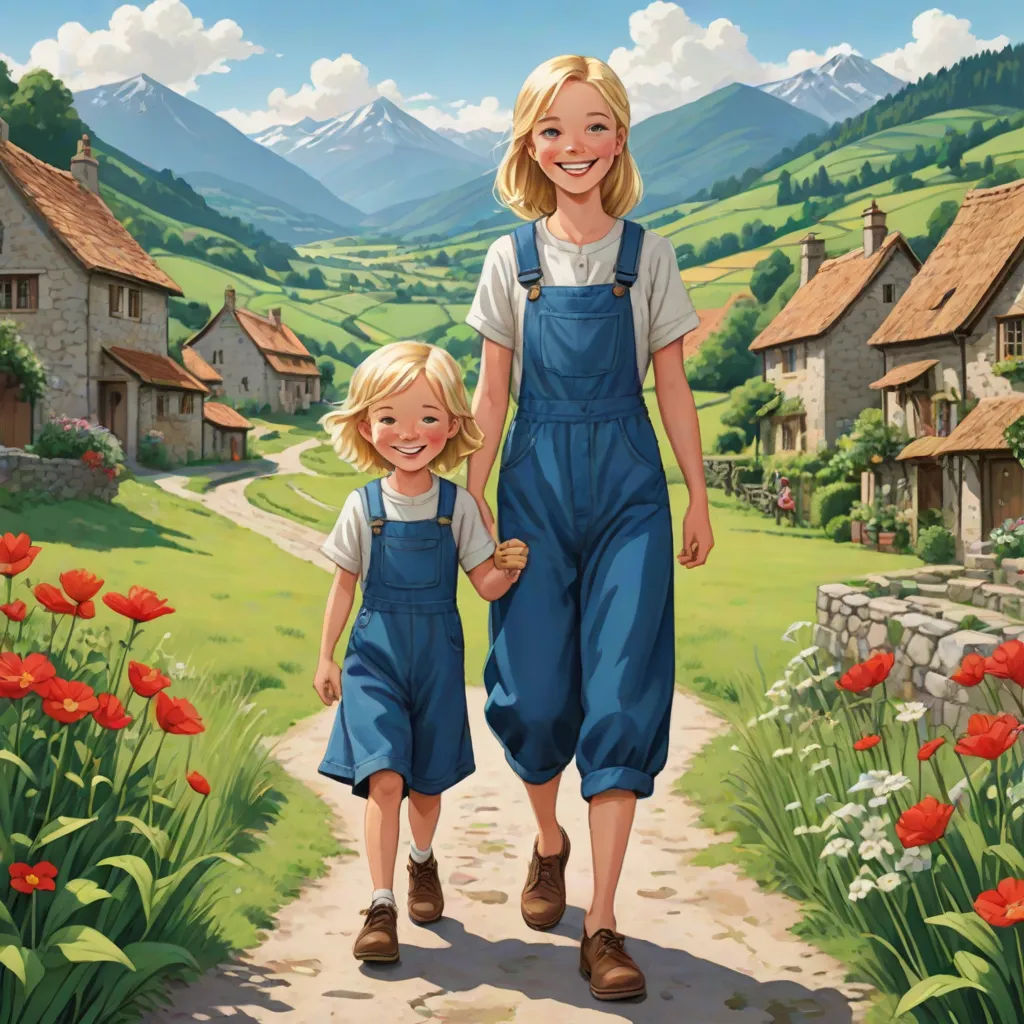 a painting of a mother and child walking down a path in a field of flowers with a mountain in the background, american scene painting, a storybook illustration, Brothers Hildebrandt, official art