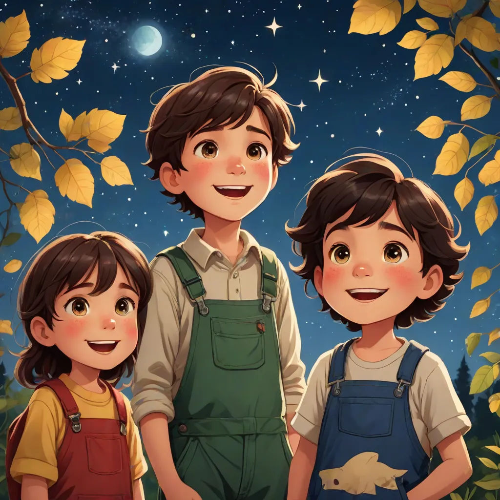 a couple of kids standing next to each other under a tree with leaves on it and a moon in the sky, space art, a storybook illustration, Diego Gisbert Llorens, fireflies