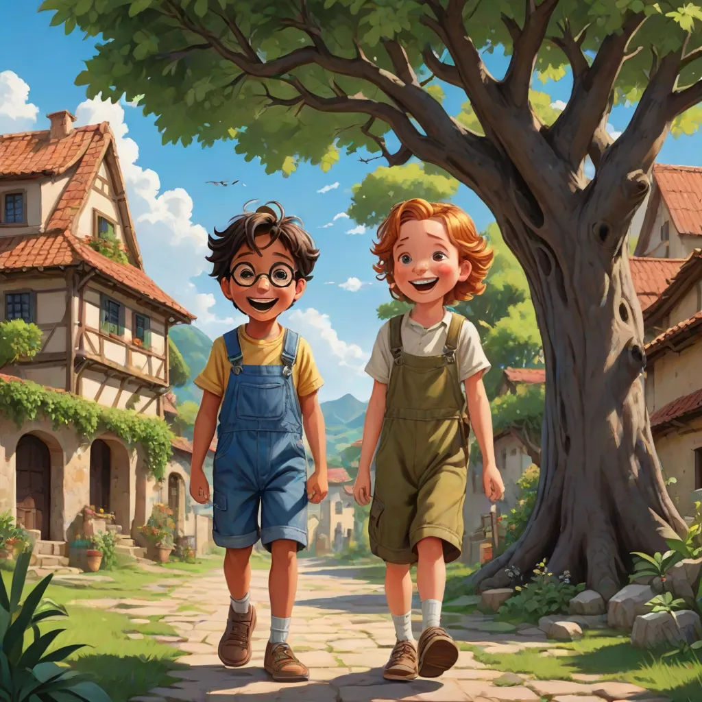a boy and a girl walking down a path in front of a tree and a house with a red roof, sots art, a storybook illustration, Brothers Hildebrandt, official art