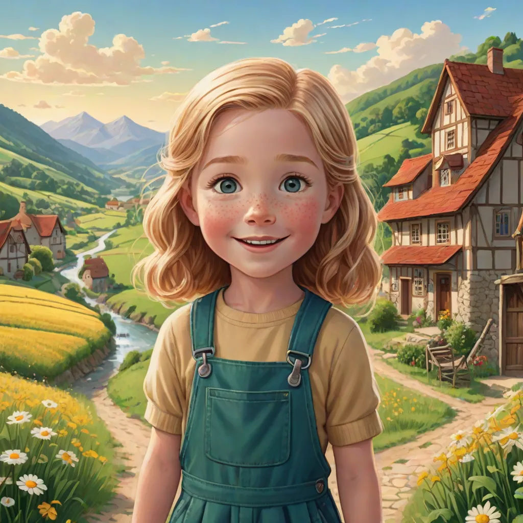 a painting of a little girl standing in front of a house with a stream running through it and a field of flowers, fantastic realism, a storybook illustration, Bob Byerley, kinkade