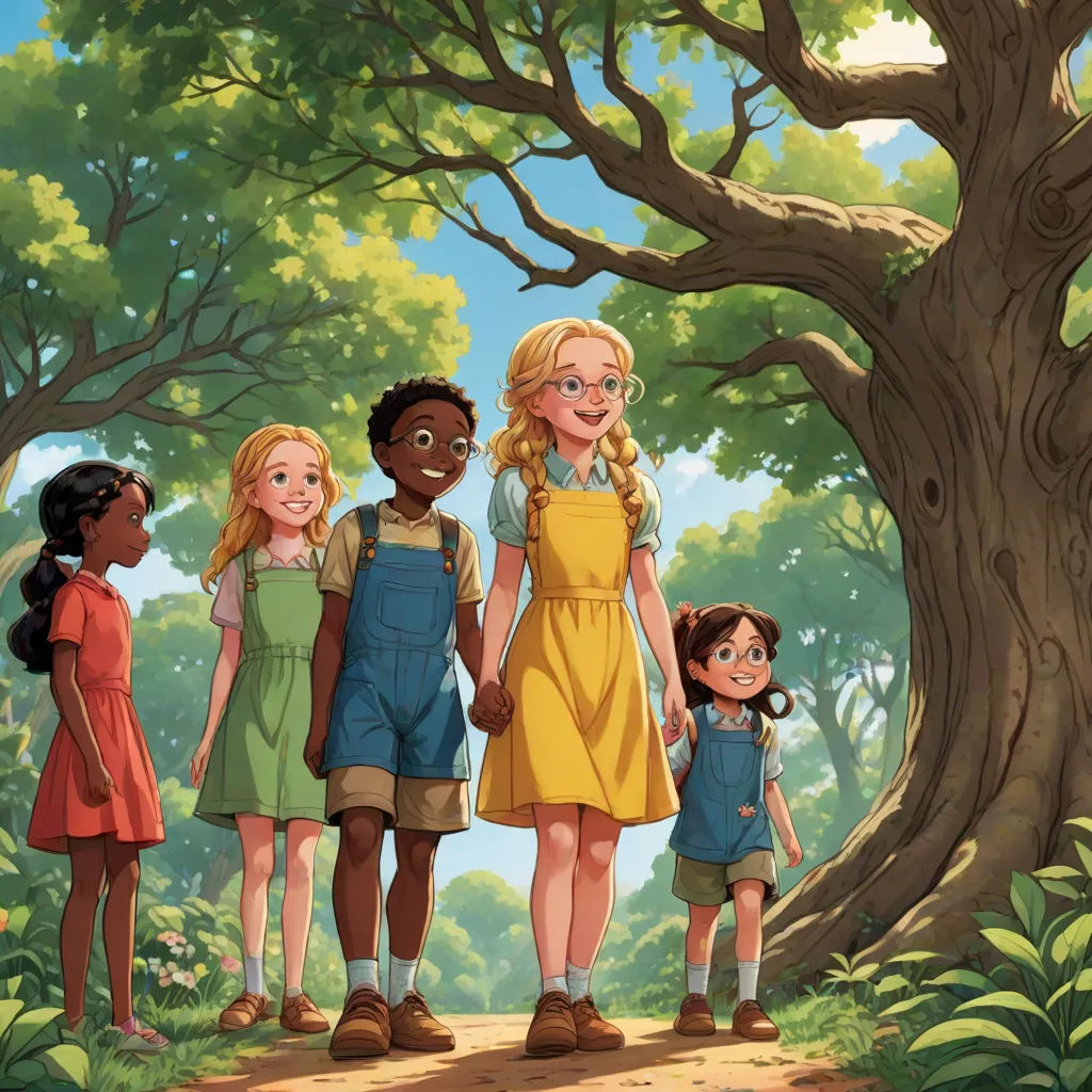 a group of children standing in front of a tree in a forest with a woman holding the hand of a child, magical realism, a storybook illustration, Anne Said, official art