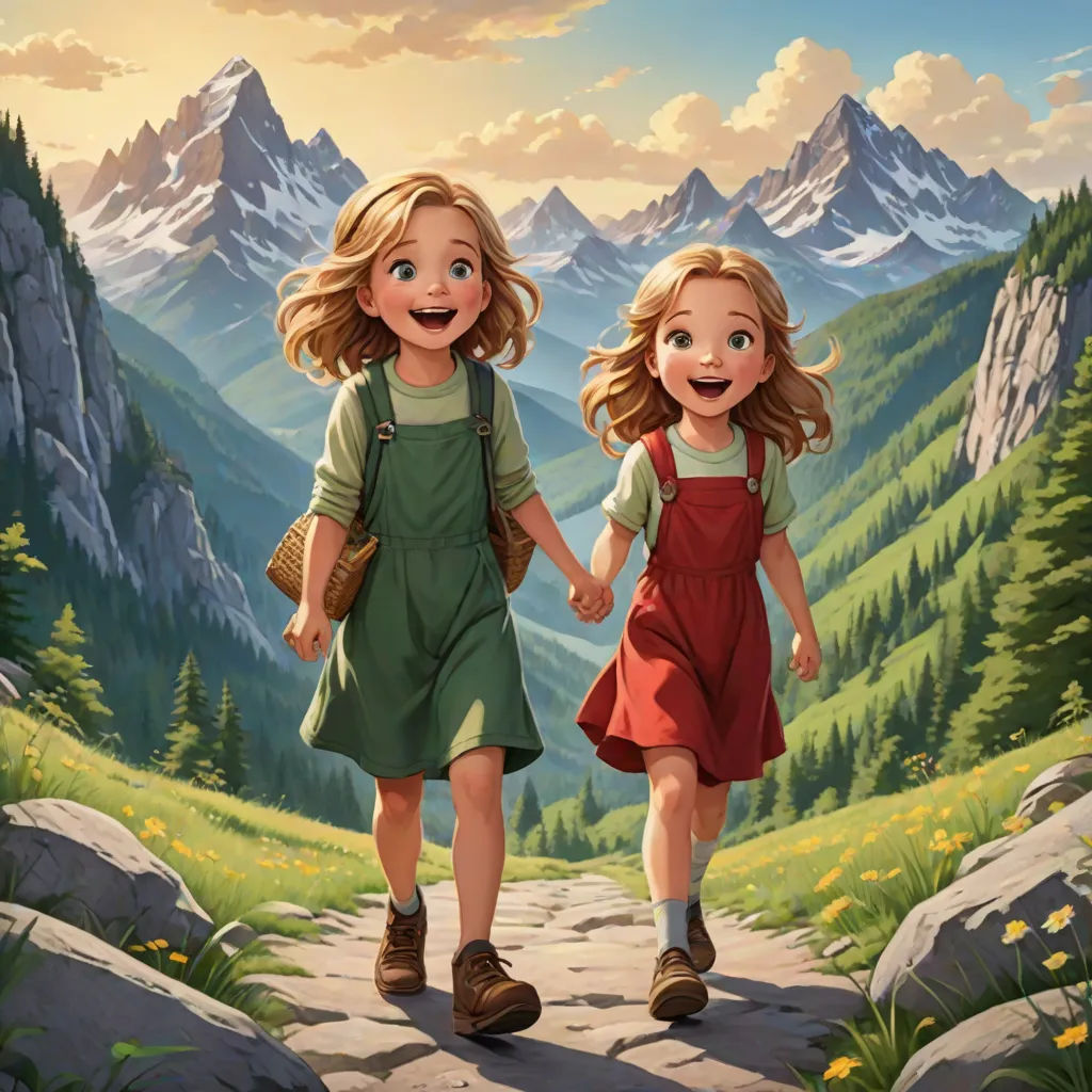 two children walking down a path in the mountains with mountains in the background and a sky with clouds and sun, german romanticism, a storybook illustration, Brothers Hildebrandt, official art