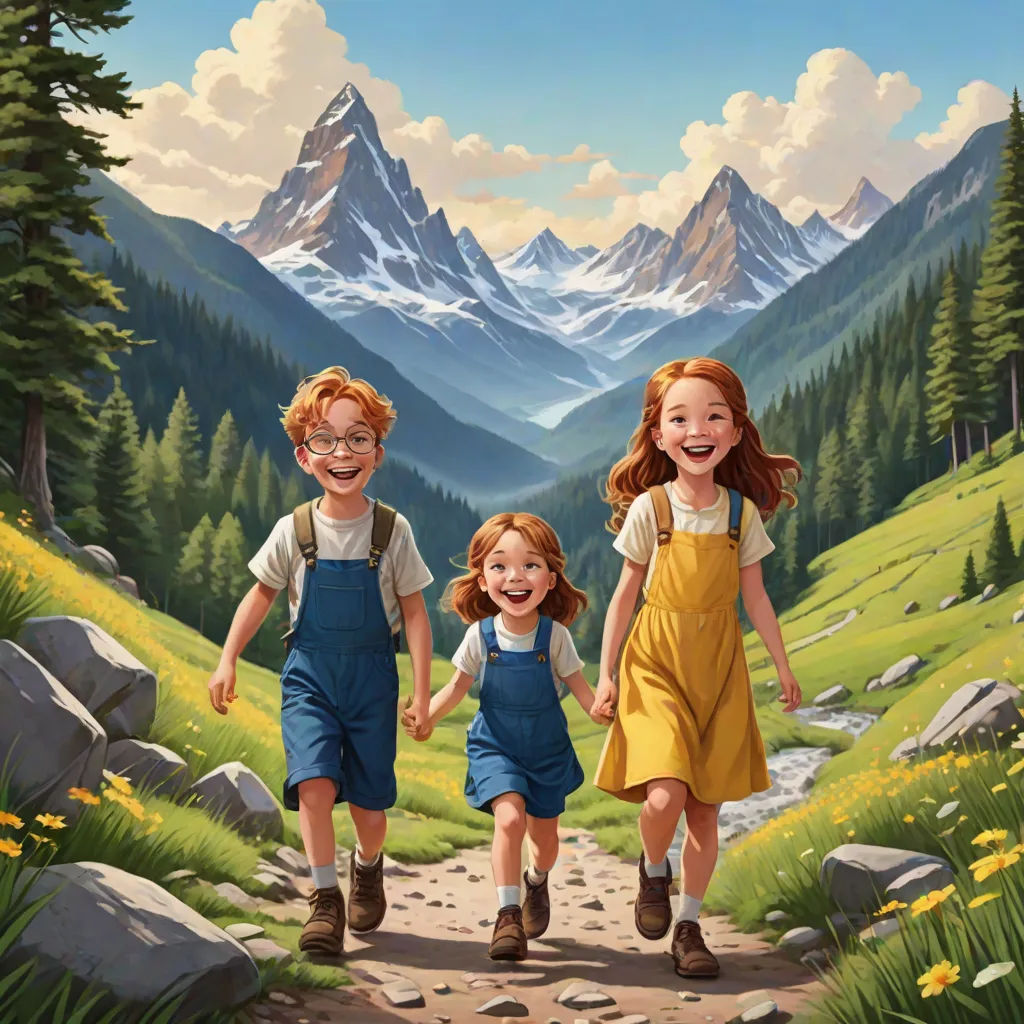 a painting of three children walking down a trail in the mountains with mountains in the background and a mountain range in the background, american scene painting, a storybook illustration, Brothers Hildebrandt, official art