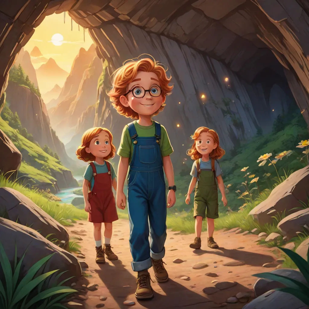 a couple of kids standing in front of a cave entrance with a boy and girl in overalls and a girl in overalls, sots art, a storybook illustration, Aaron Jasinski, official art