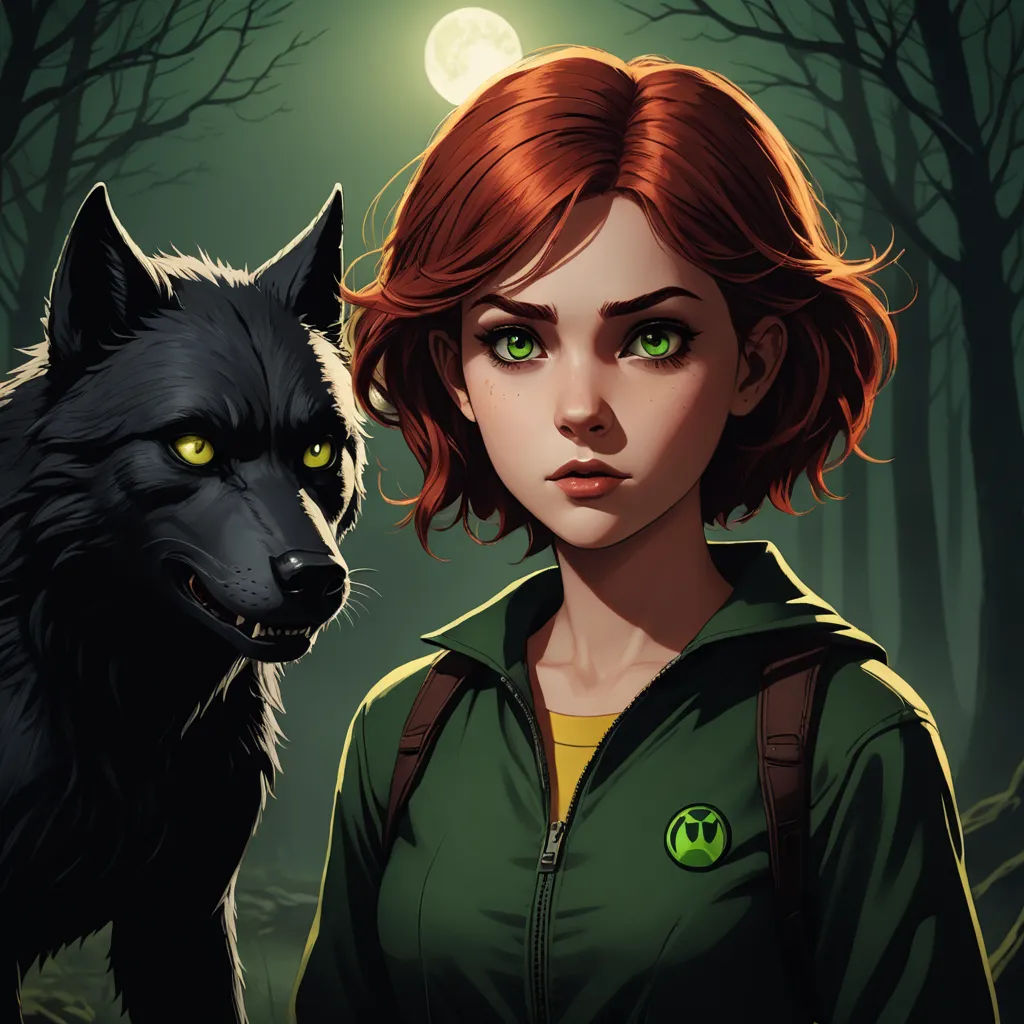 a girl with red hair and green eyes standing next to a wolf in a forest at night with a full moon, sots art, a character portrait, Charlie Bowater, key art