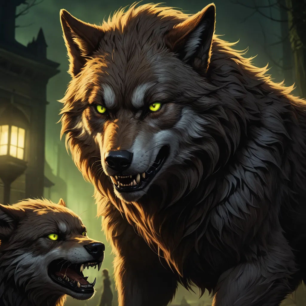 a wolf with glowing eyes and a wolf with glowing eyes are facing each other in front of a house, furry art, concept art, Brothers Hildebrandt, magic the gathering artwork