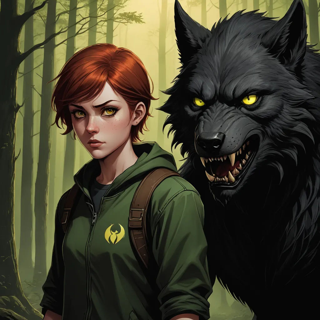 a woman and a wolf in a forest with yellow eyes and a green hoodie on, with a forest background, furry art, a character portrait, Charlie Bowater, comic cover art