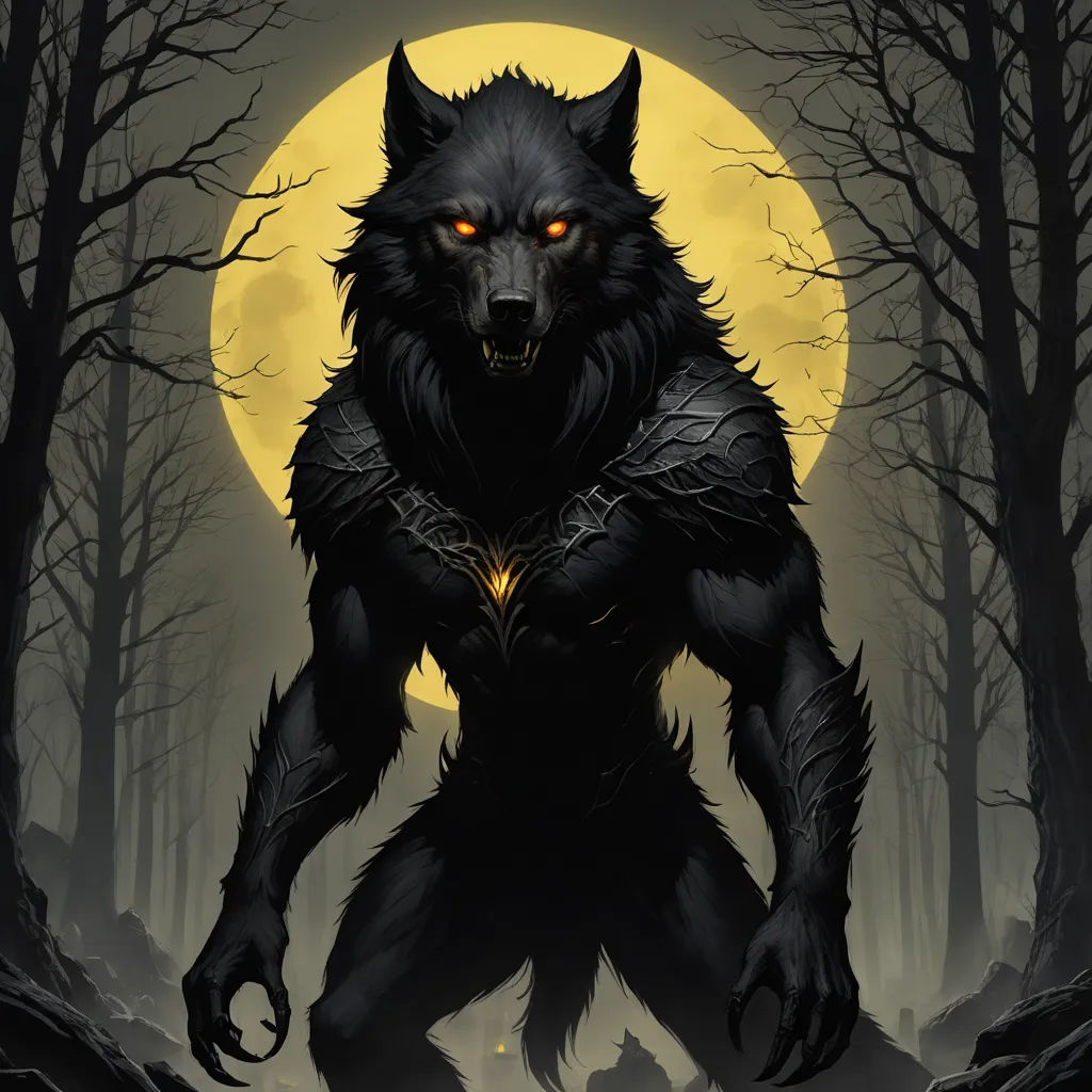 a wolf with a glowing yellow eyes in a forest with trees and a full moon in the background with a wolf like creature, gothic art, a detailed painting, Anne Stokes, full moon