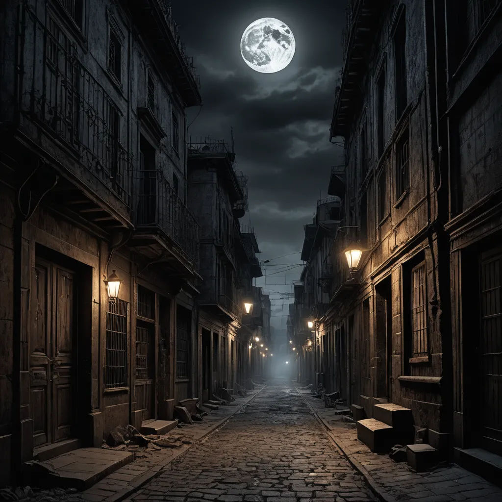a dark alley with a full moon in the sky above it and a bench on the side of the street, gothic art, a detailed matte painting, Dirk Crabeth, matte painting