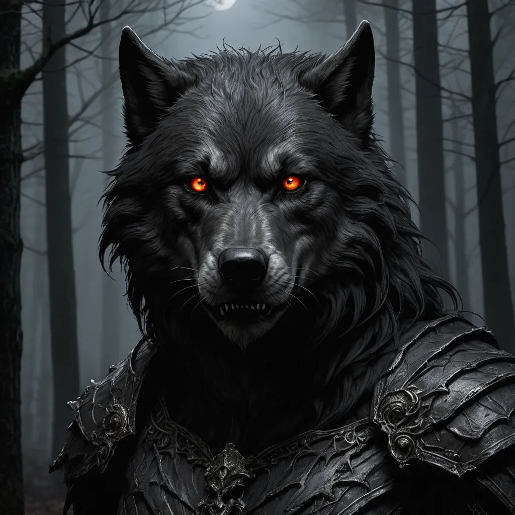 a black wolf with red eyes and a leather armor in a forest with a full moon in the background, gothic art, a character portrait, Anne Stokes, epic fantasy character art