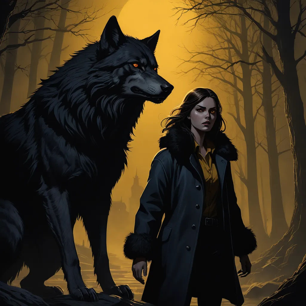 a woman standing next to a wolf in a forest at night with a full moon behind her and a wolf in the background, fantasy art, a character portrait, Dirk Crabeth, comic cover art