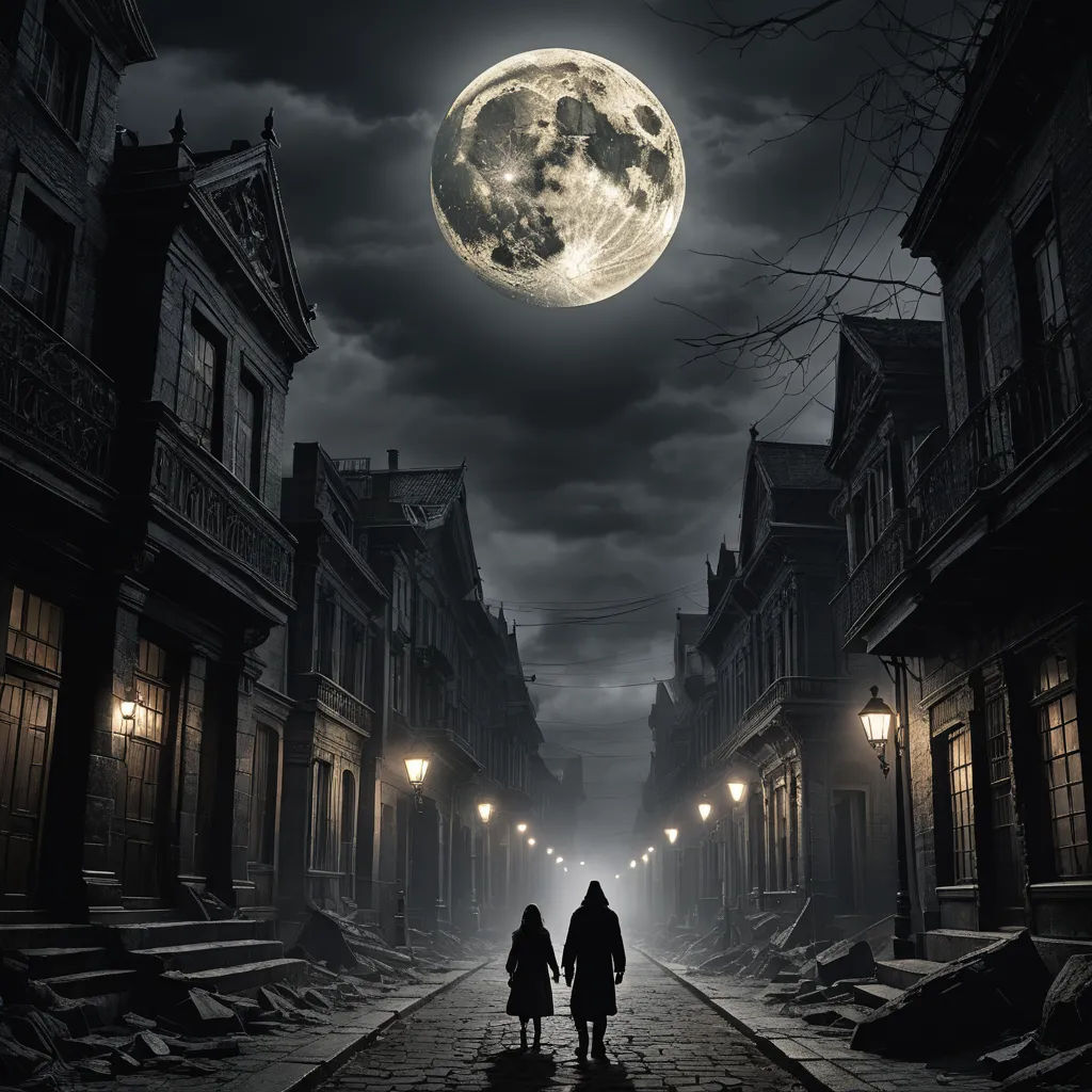 two people walking down a street at night under a full moon with a full moon in the sky above them, gothic art, a detailed matte painting, Dirk Crabeth, dark shadows