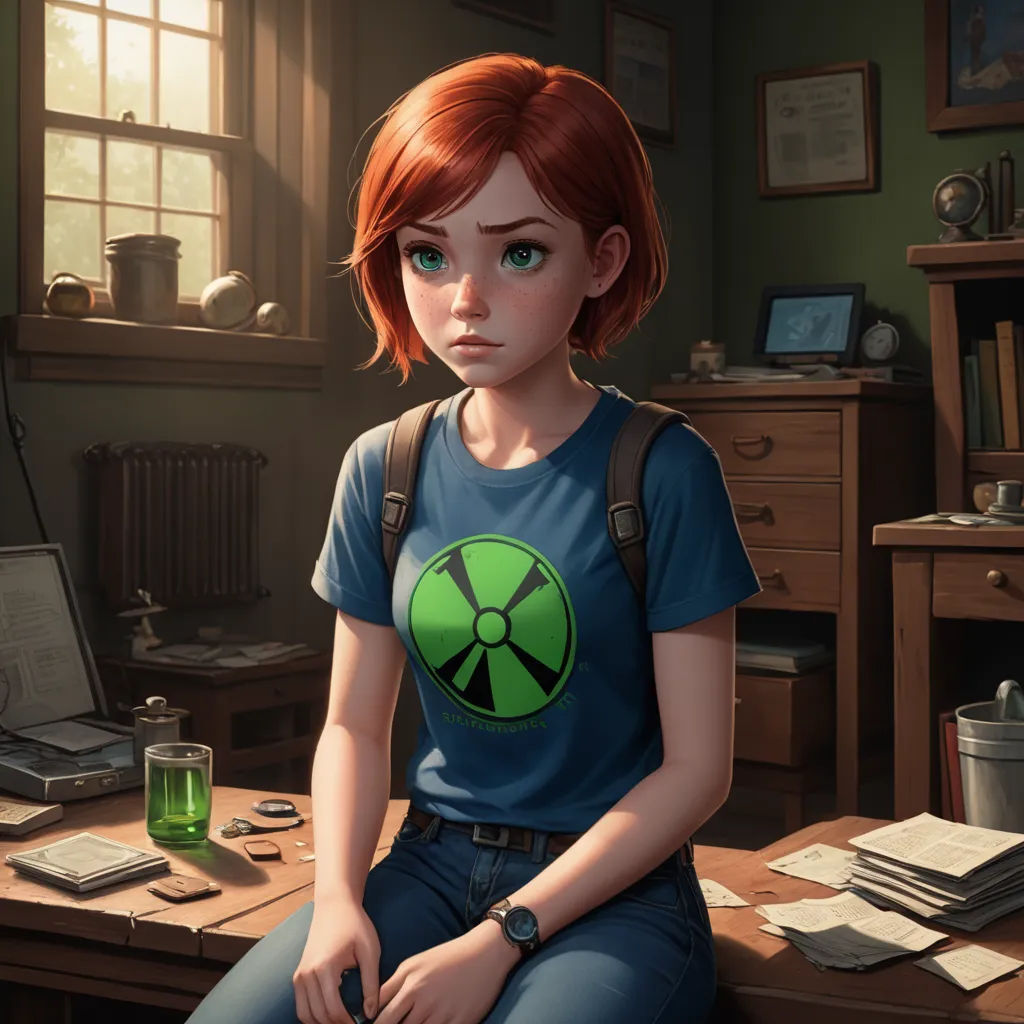 a girl sitting on a desk in a room with a computer and a green cup of tea in front of her, sots art, a character portrait, Artgerm, rtx