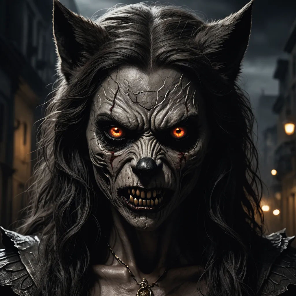 a creepy looking wolf with red eyes and long hair in a city street at night with street lights in the background, gothic art, a character portrait, Anne Stokes, promotional image