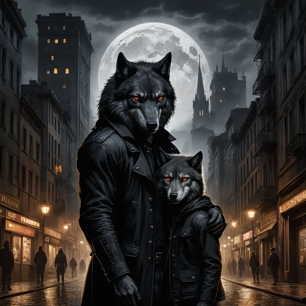a man and a wolf are standing in the street at night with a full moon in the background and a city street with people, furry art, an album cover, Anne Stokes, furaffinity