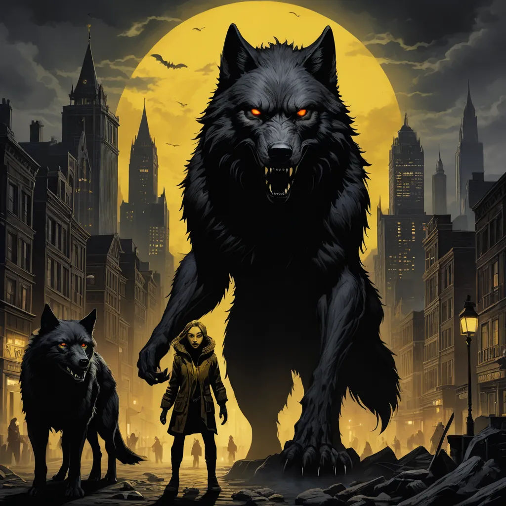 a wolf and a girl standing in front of a city at night with a full moon in the background, gothic art, poster art, Dan Mumford, comic cover art