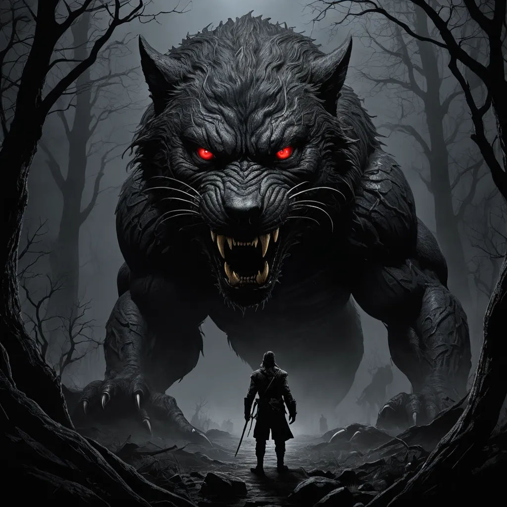a man standing in front of a giant black wolf in a forest with red eyes and a sword in his hand, fantasy art, poster art, Anne Stokes, fantasy artwork