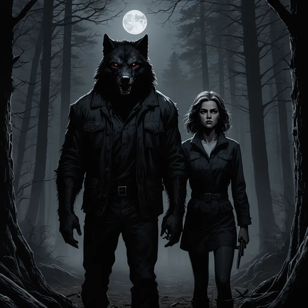 a man and a woman walking through a forest under a full moon with a wolf on their face and a wolf on their shoulder, furry art, poster art, Dirk Crabeth, key art