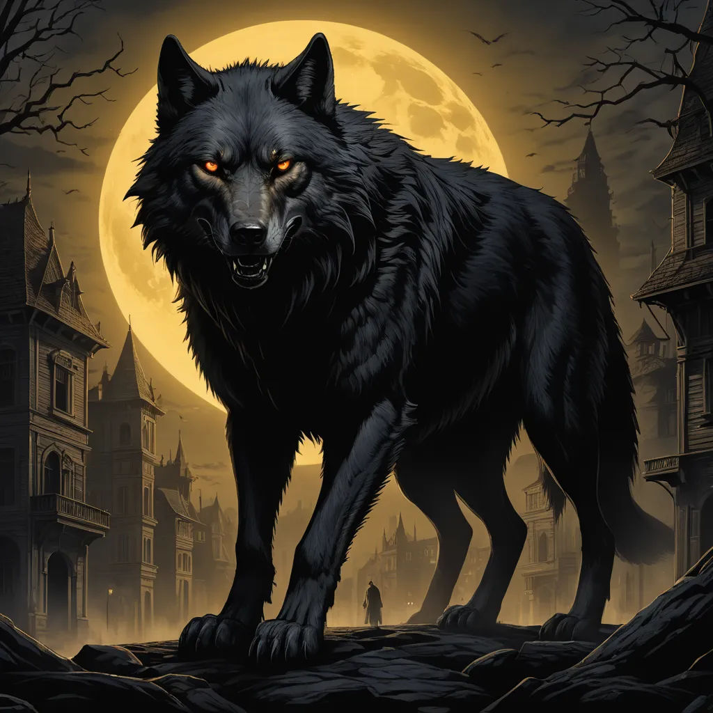 a wolf standing in front of a full moon with a castle in the background and a person in the foreground, gothic art, poster art, Anne Stokes, dark art