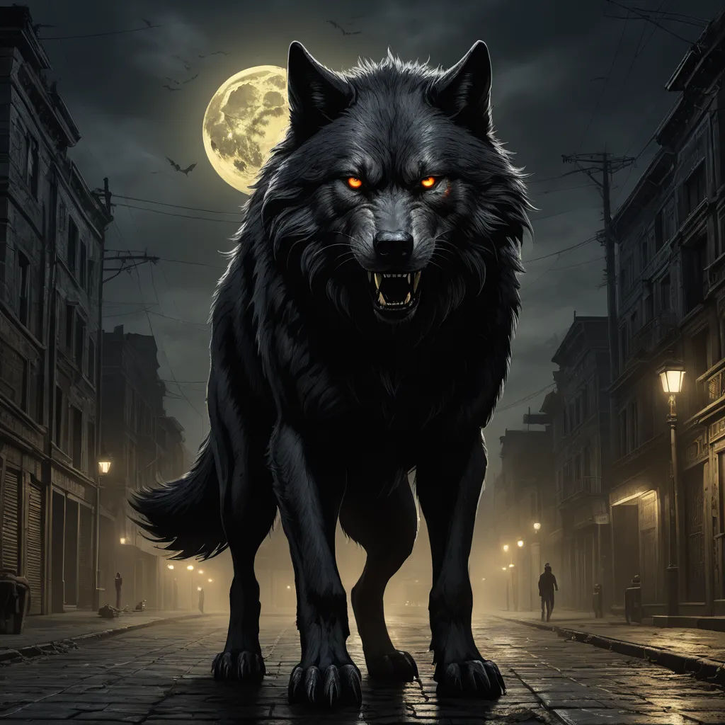 a wolf walking down a street at night with a full moon in the background and a person walking on the sidewalk, gothic art, concept art, Anne Stokes, full moon
