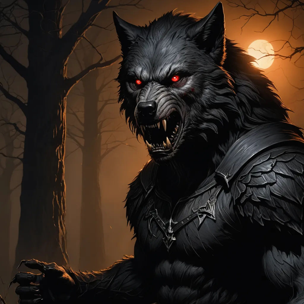 a black wolf with red eyes and a leather armor on in a forest at night with a full moon, gothic art, a comic book panel, Anne Stokes, epic fantasy character art