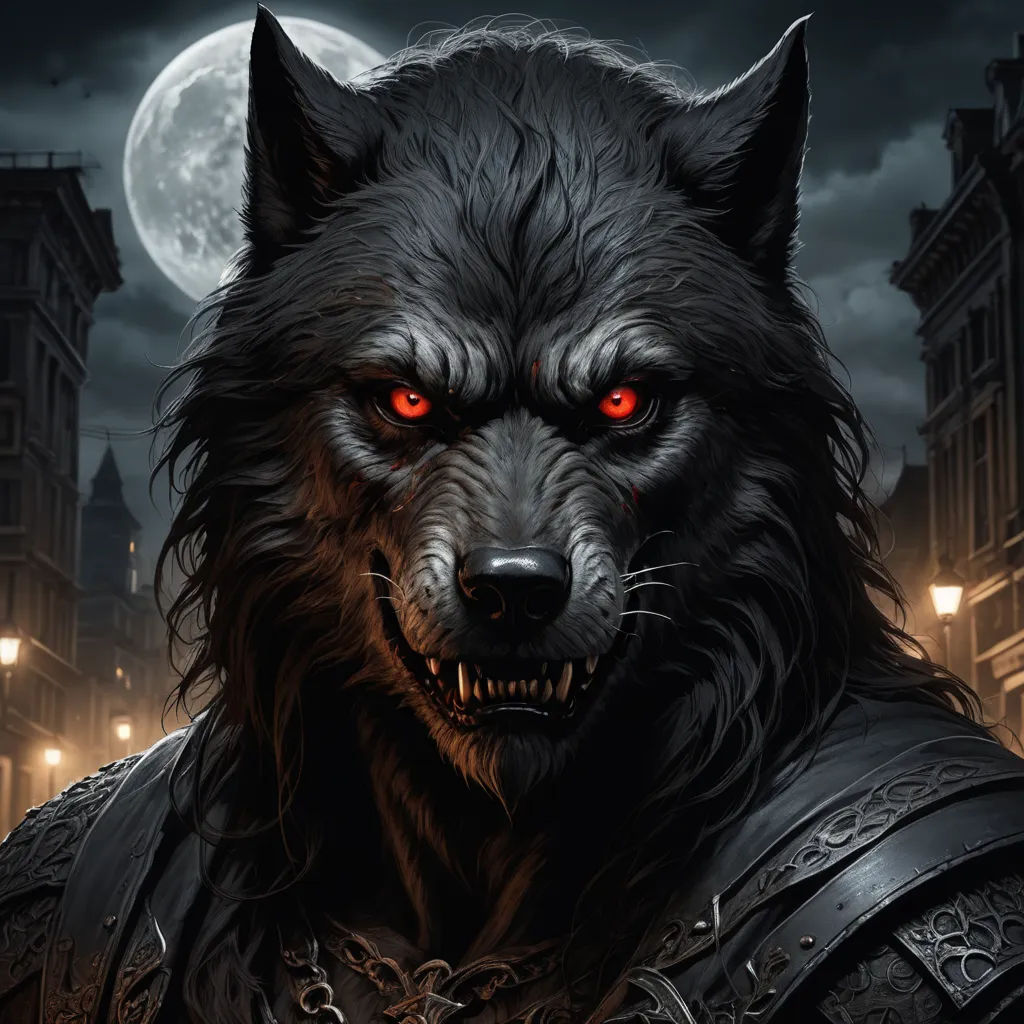 a wolf with red eyes and a leather armor in front of a full moon and cityscape with buildings, gothic art, a character portrait, Anne Stokes, epic fantasy character art