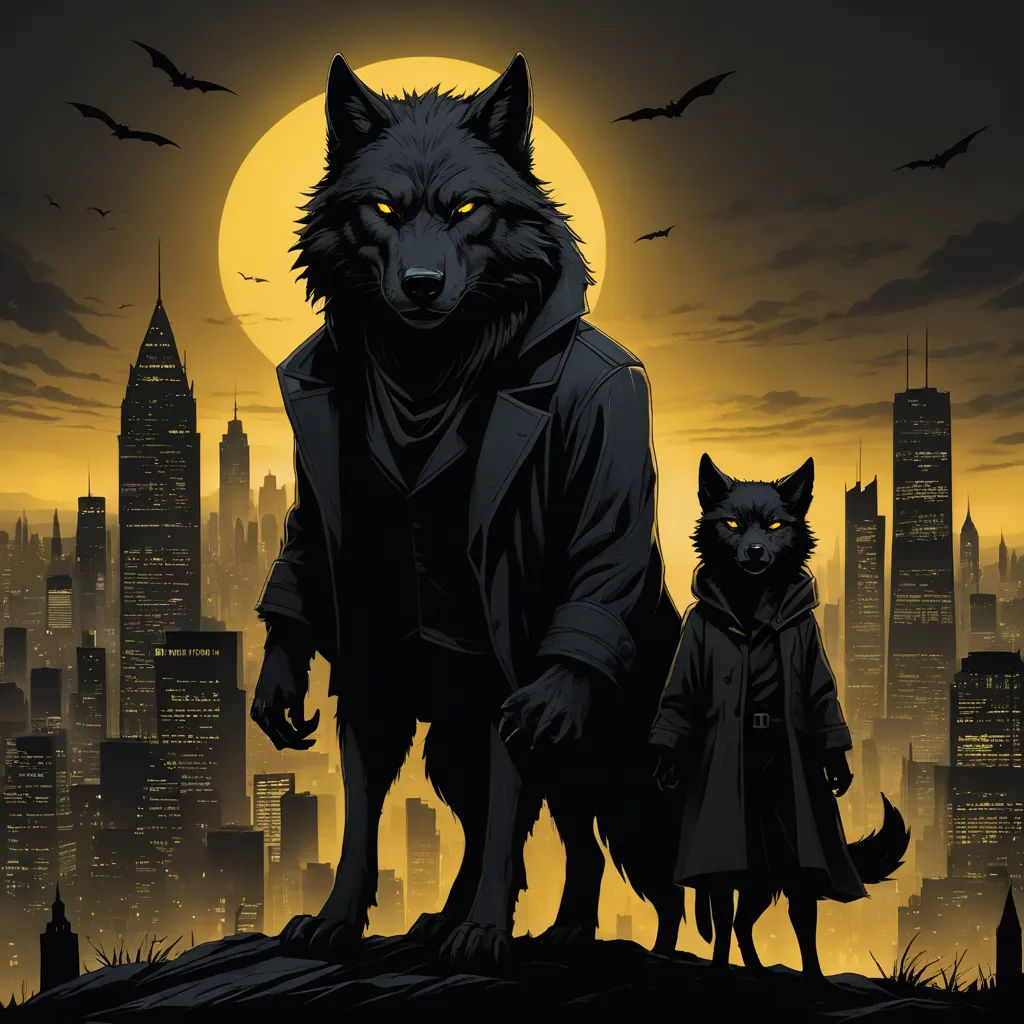 a wolf and a cat standing in front of a city at night with a full moon in the background, furry art, an album cover, Ben Templesmith, comic cover art