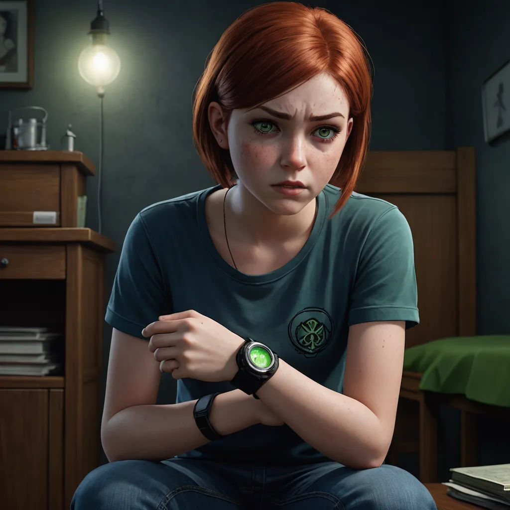 a woman sitting on a bed in a room with a green light on her head and a watch on her wrist, sots art, a character portrait, Elizabeth Forbes, promotional image