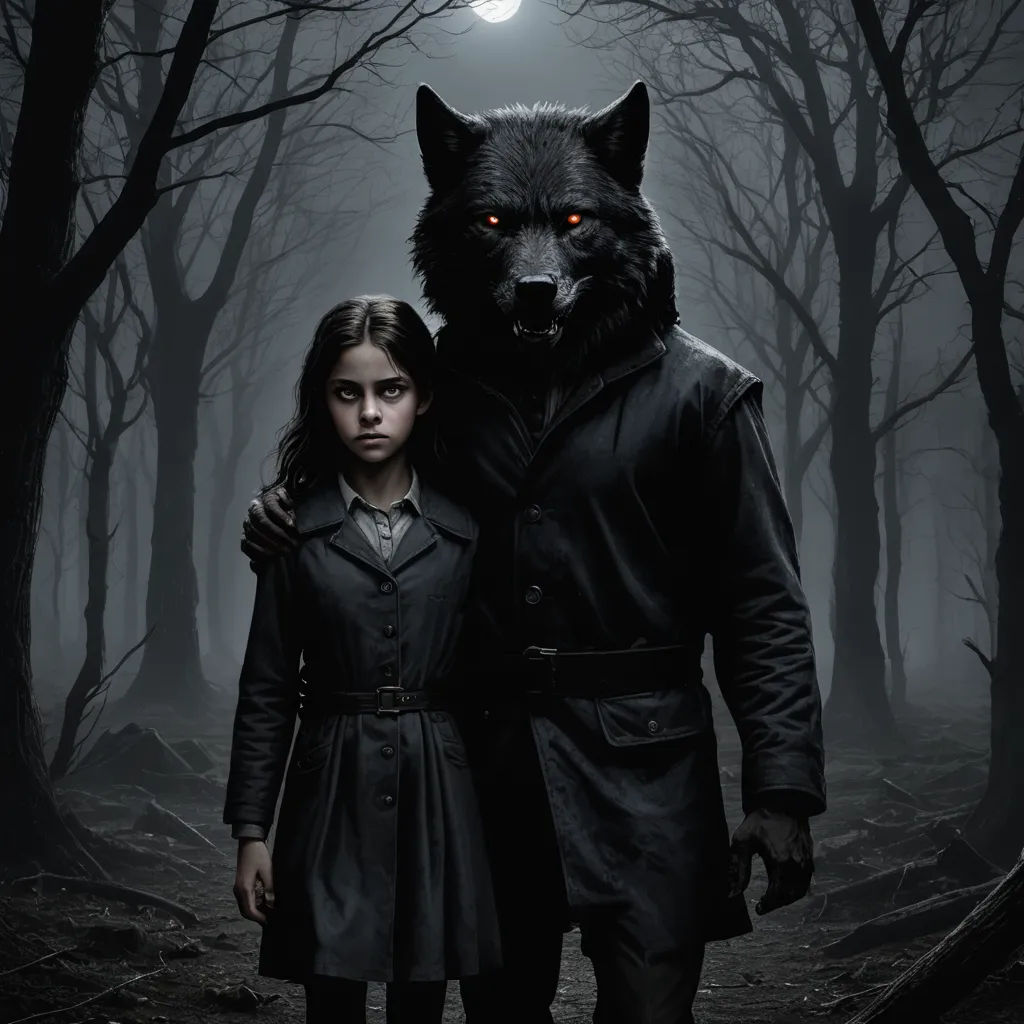 a man and a woman standing in a forest with a wolf on their back and a full moon in the background, international gothic, poster art, Dirk Crabeth, promotional image