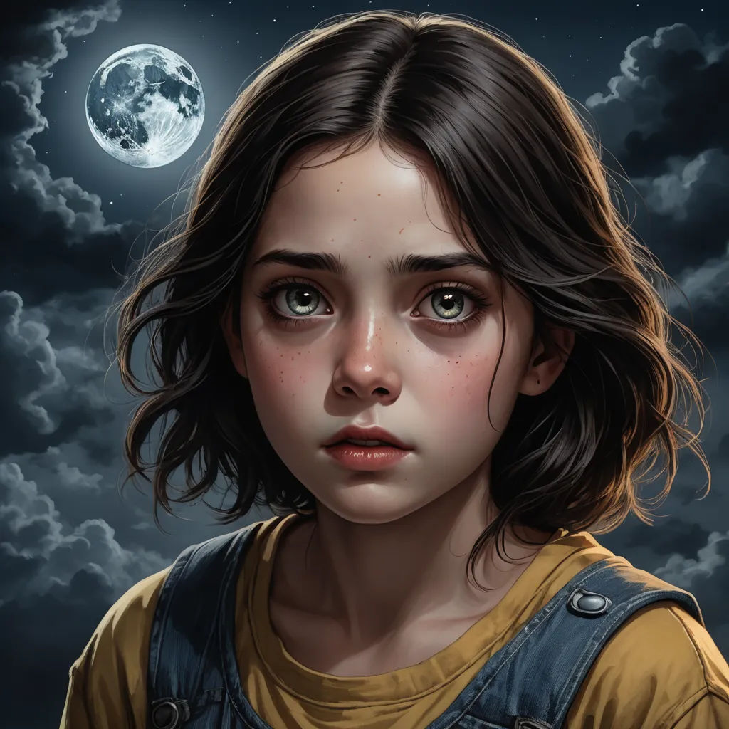 a painting of a girl with a full moon in the background and clouds in the sky behind her,, fantasy art, a detailed painting, Brad Kunkle, highly detailed digital painting