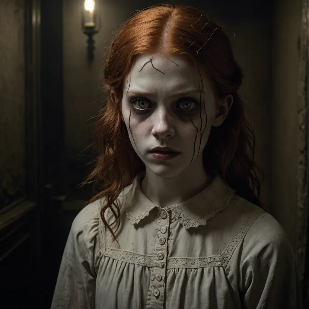 a woman with red hair and makeup is standing in a dark room with a light on her head and a creepy look on her face, antipodeans, a character portrait, Elinor Proby Adams, promotional image