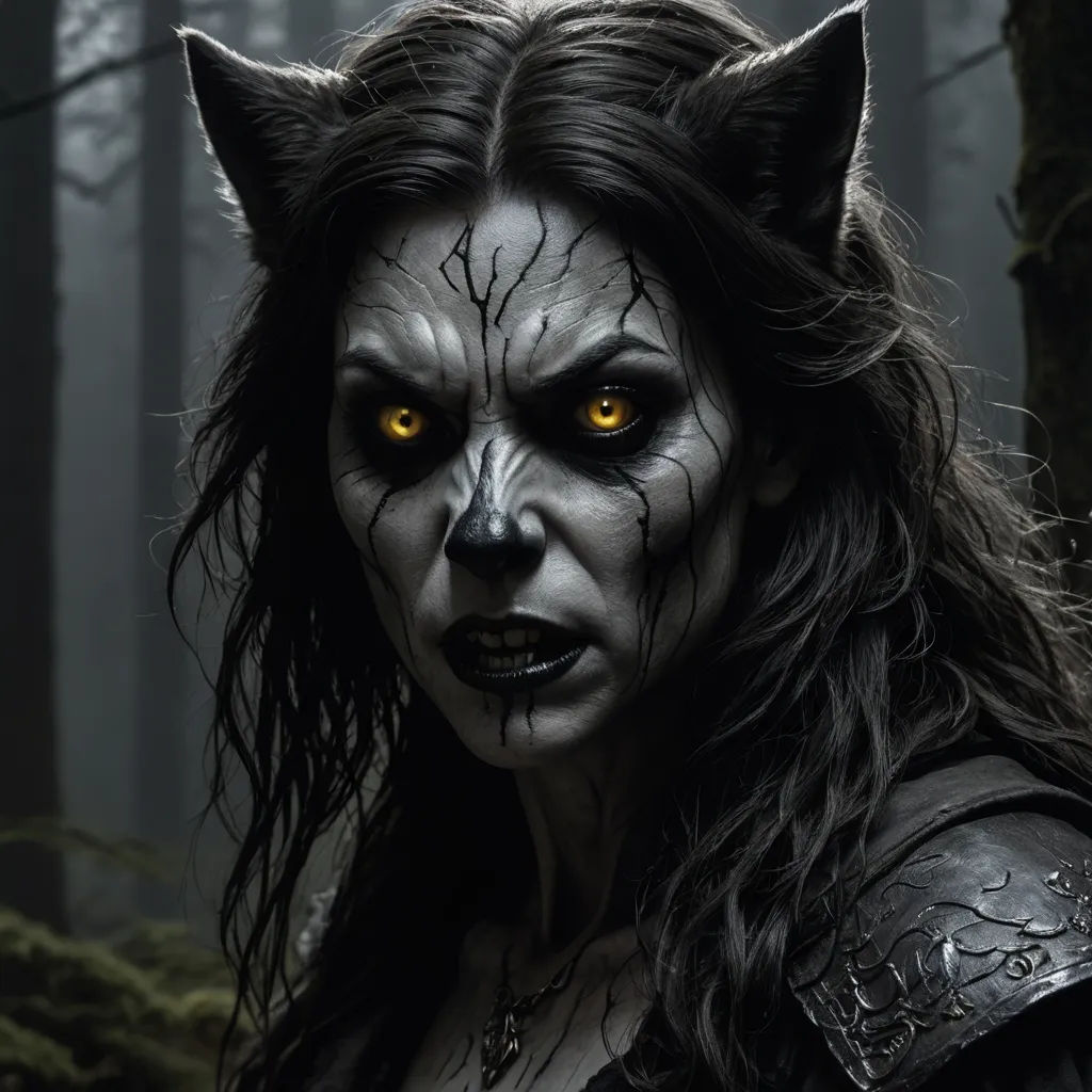 a woman with a wolf makeup and a black outfit in the woods with yellow eyes and horns, with a forest background, furry art, a character portrait, Aleksi Briclot, weta digital